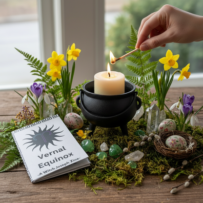 The Witch Joseph Ostara Candle Lighting Kit in use with the Ostara candle being lit in a cauldron surrounded by Spring flowers and crystals and the Ostara zine next to the display.