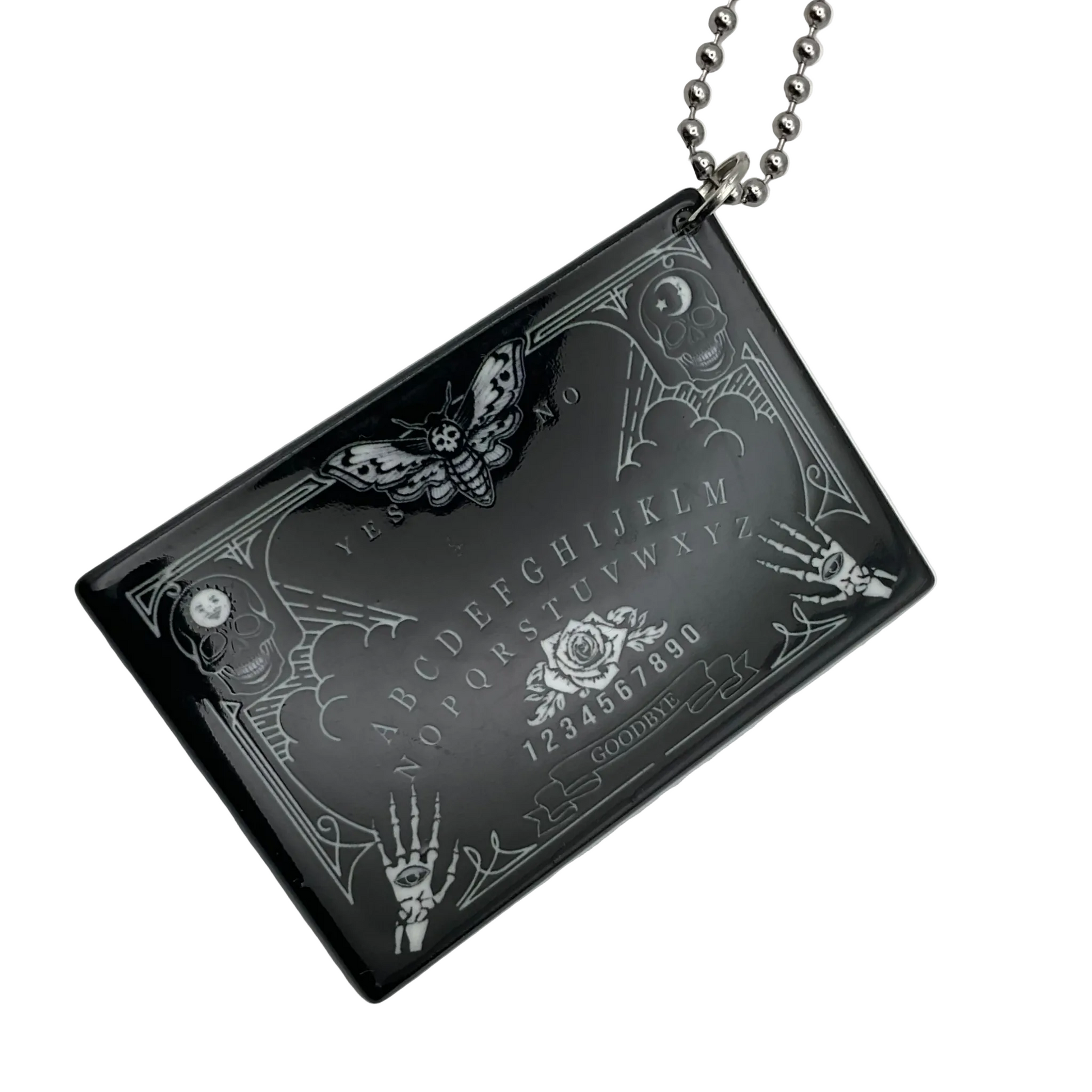 Black rectangular Ouija Board pendant charm necklace on a white background