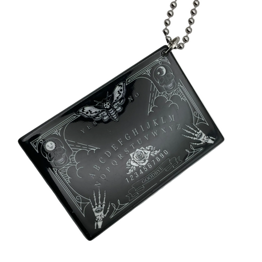 Black rectangular Ouija Board pendant charm necklace on a white background