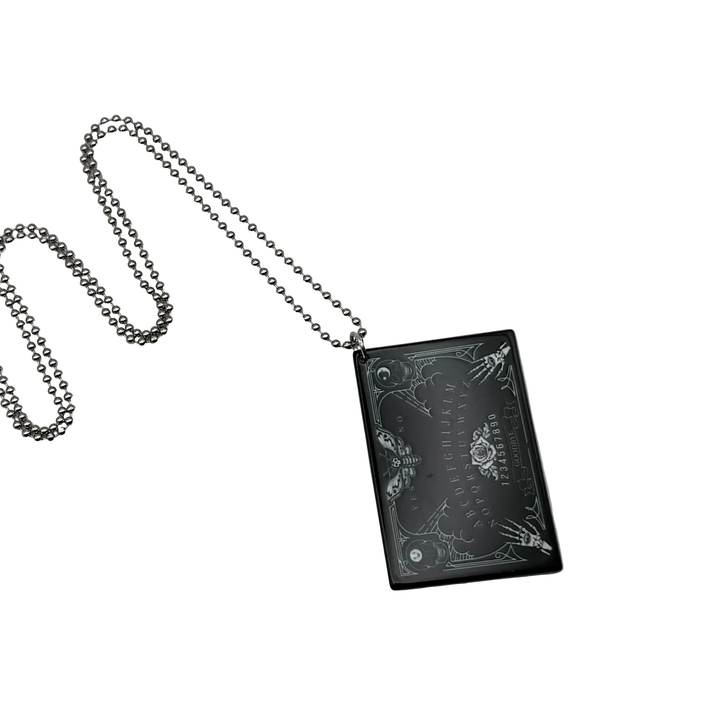 Black rectangular Ouija Board pendant with ball chain on a light white background