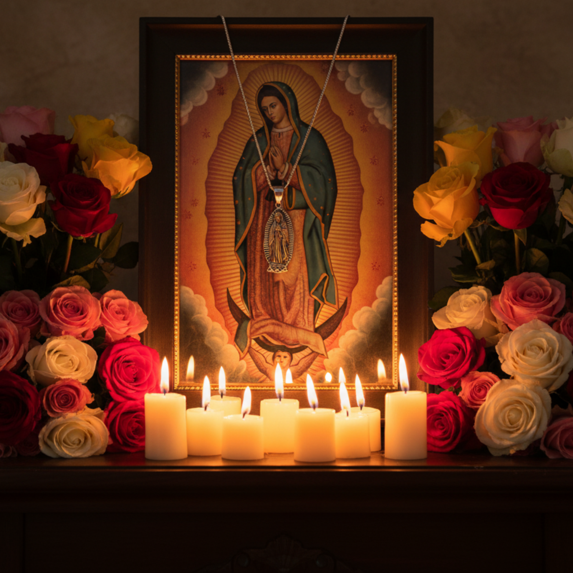 Veneration of Our Lady of Guadalupe image with the Our Lady of Guadalupe Talisman draped over the icon with lit candles and roses surrounding it on a dark background