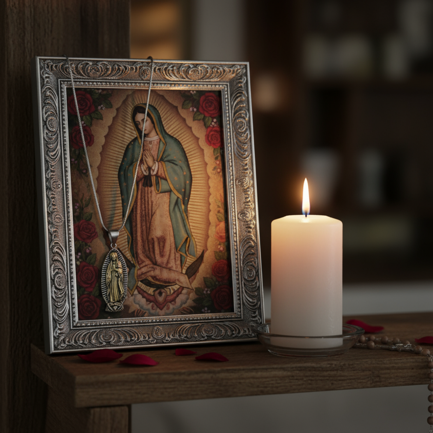 Framed religious artwork with an icon of our lady of Guadalupe and our lady of Guadalupe Talisman draped over the picture…next to a lit candle on a wooden surface with prayer beads and rose petals