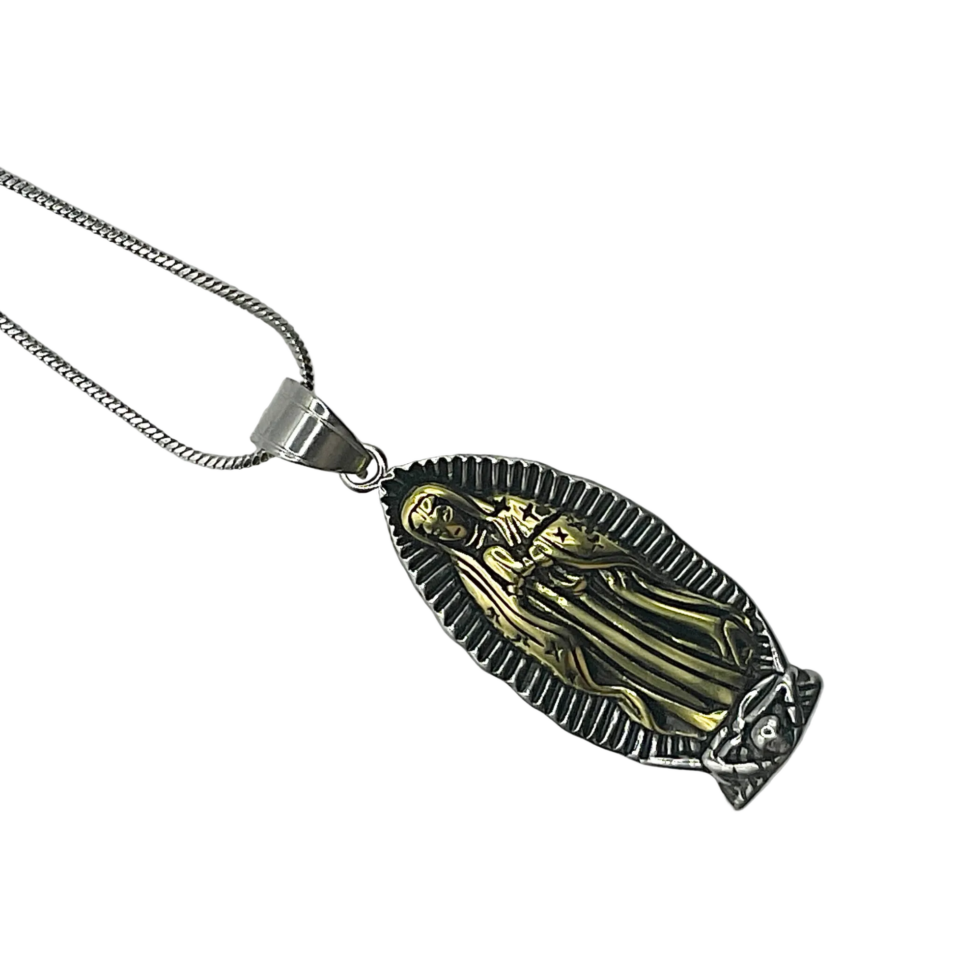 Our Lady of Guadalupe Talisman on silver tone chain displayed against a white background
