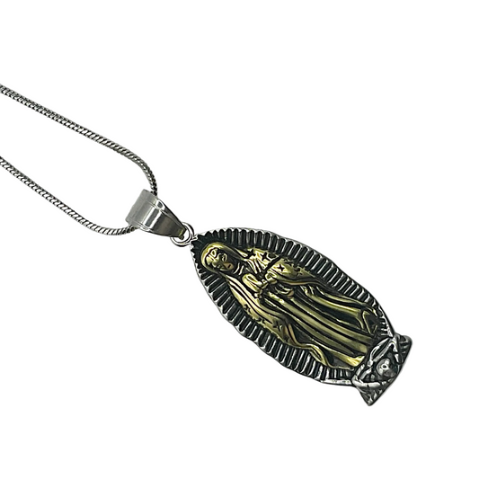 Our Lady of Guadalupe Talisman on silver tone chain displayed against a white background