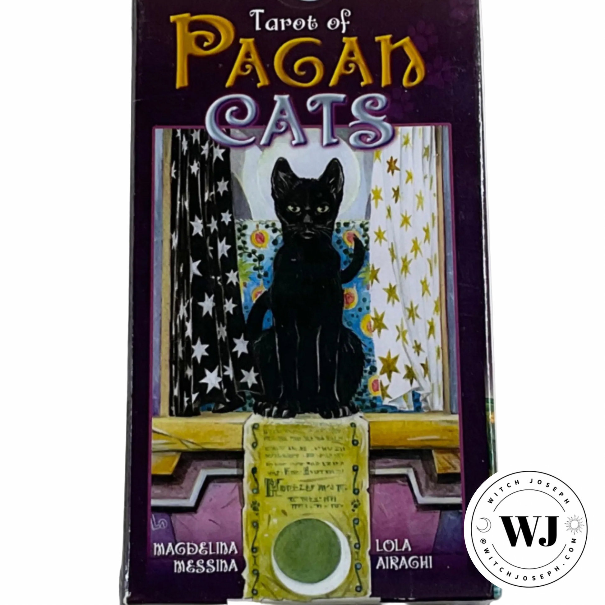 Tarot of Pagan Cats packaging with a black cat on a table, stars, and flowers.