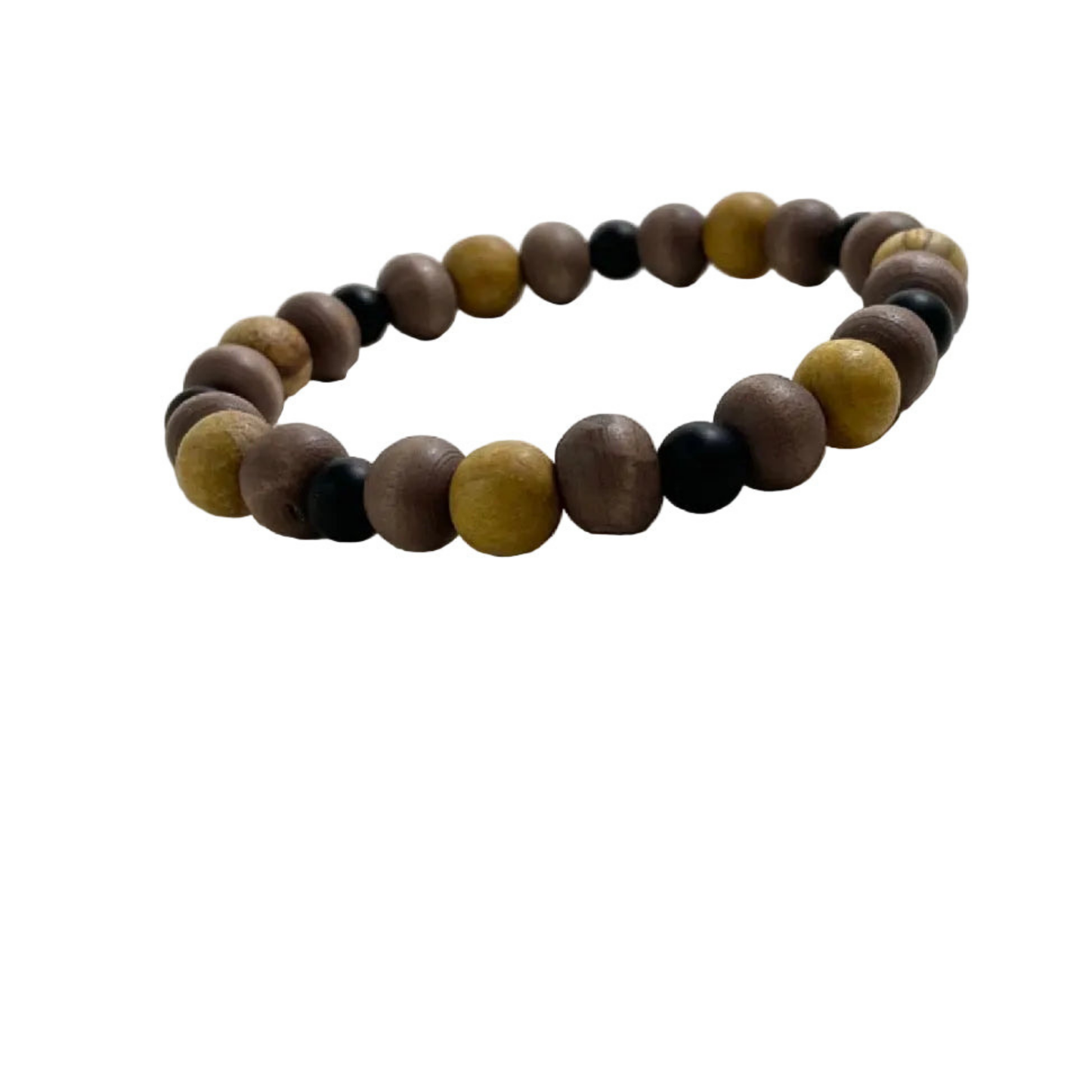 Palo Santo Bracelet with brown, black, and yellow beads on a white background