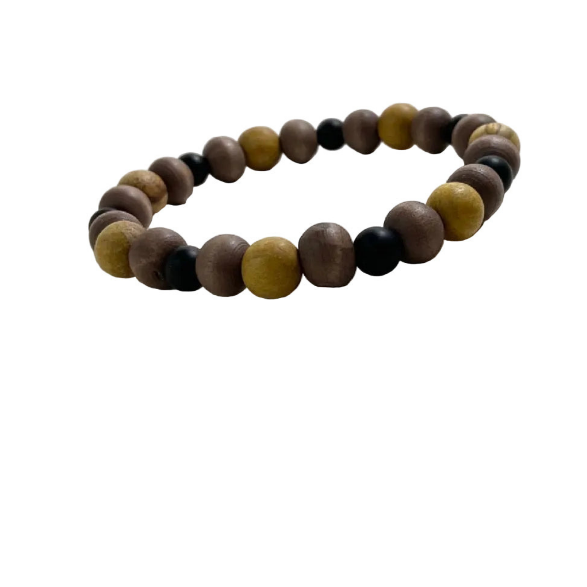 Palo Santo Bracelet with brown, black, and yellow beads on a white background