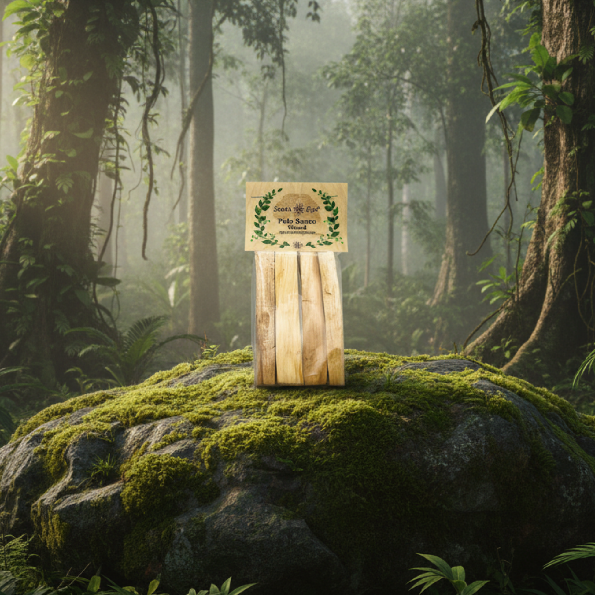 Four Pack of Sun’s Eye Palo Santo on a mossy rock in a misty forest