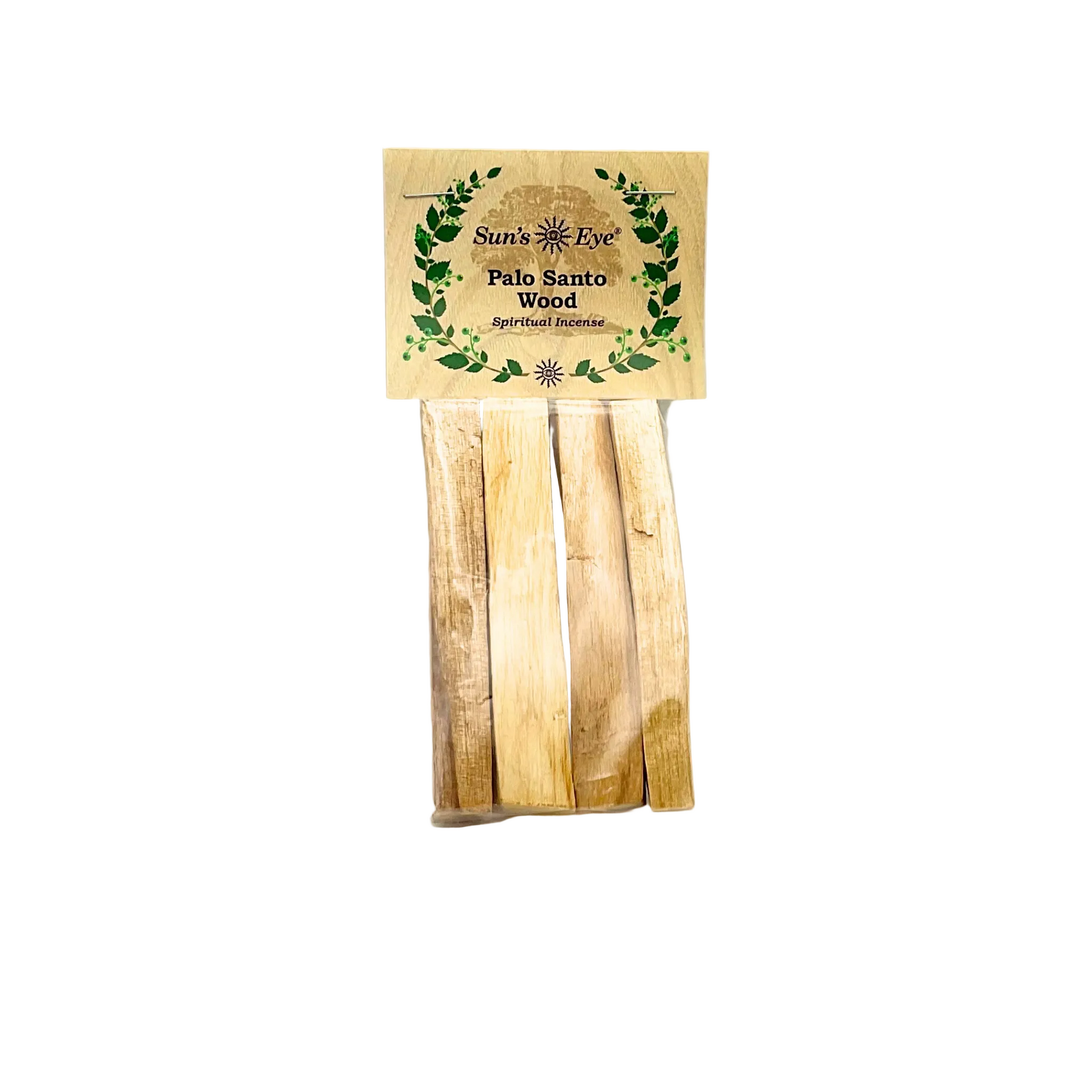Four Palo Santo wood sticks in a package with a suns eye label on a white background