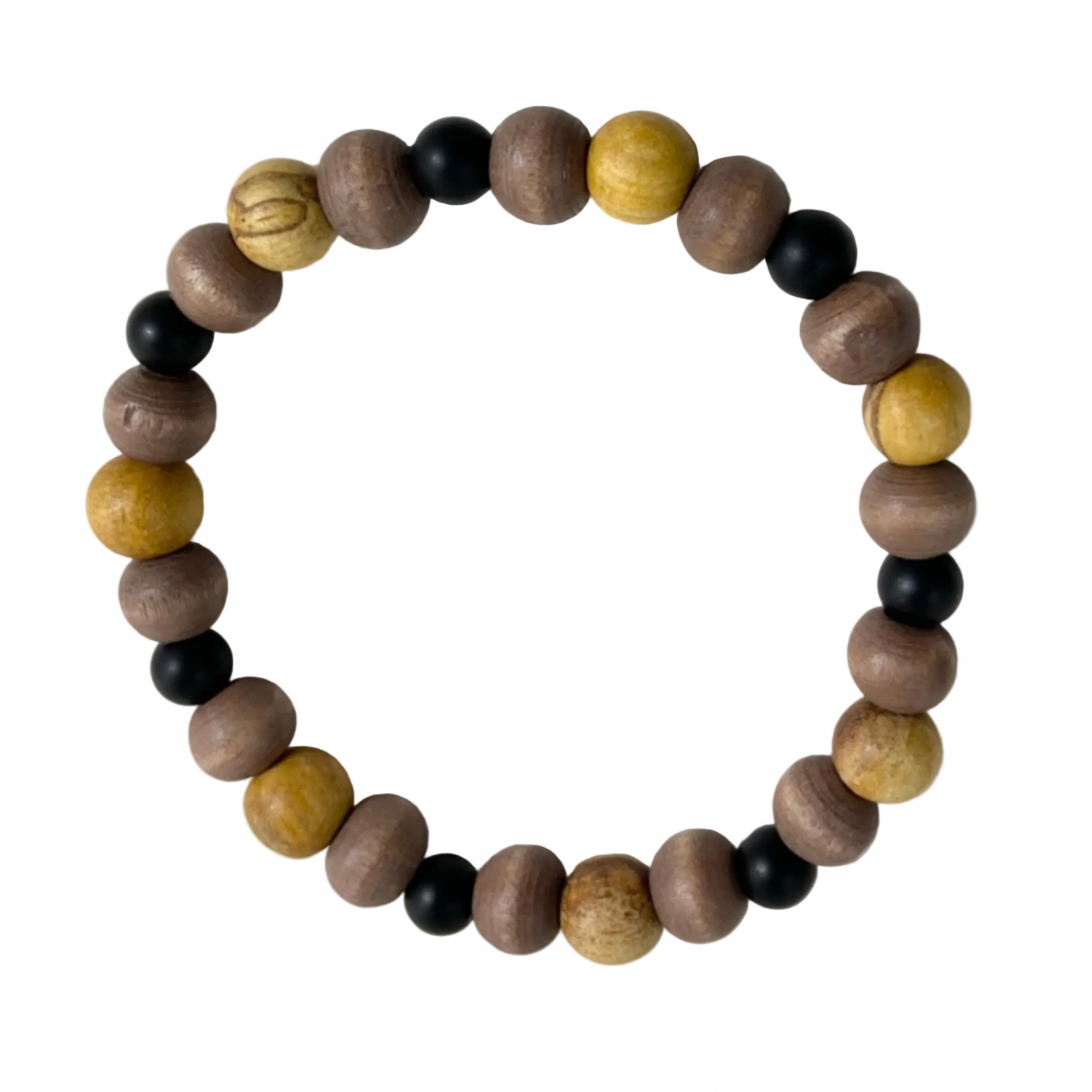 Wooden palo santo beaded bracelet with multicolor earth tone accent beads on a white background