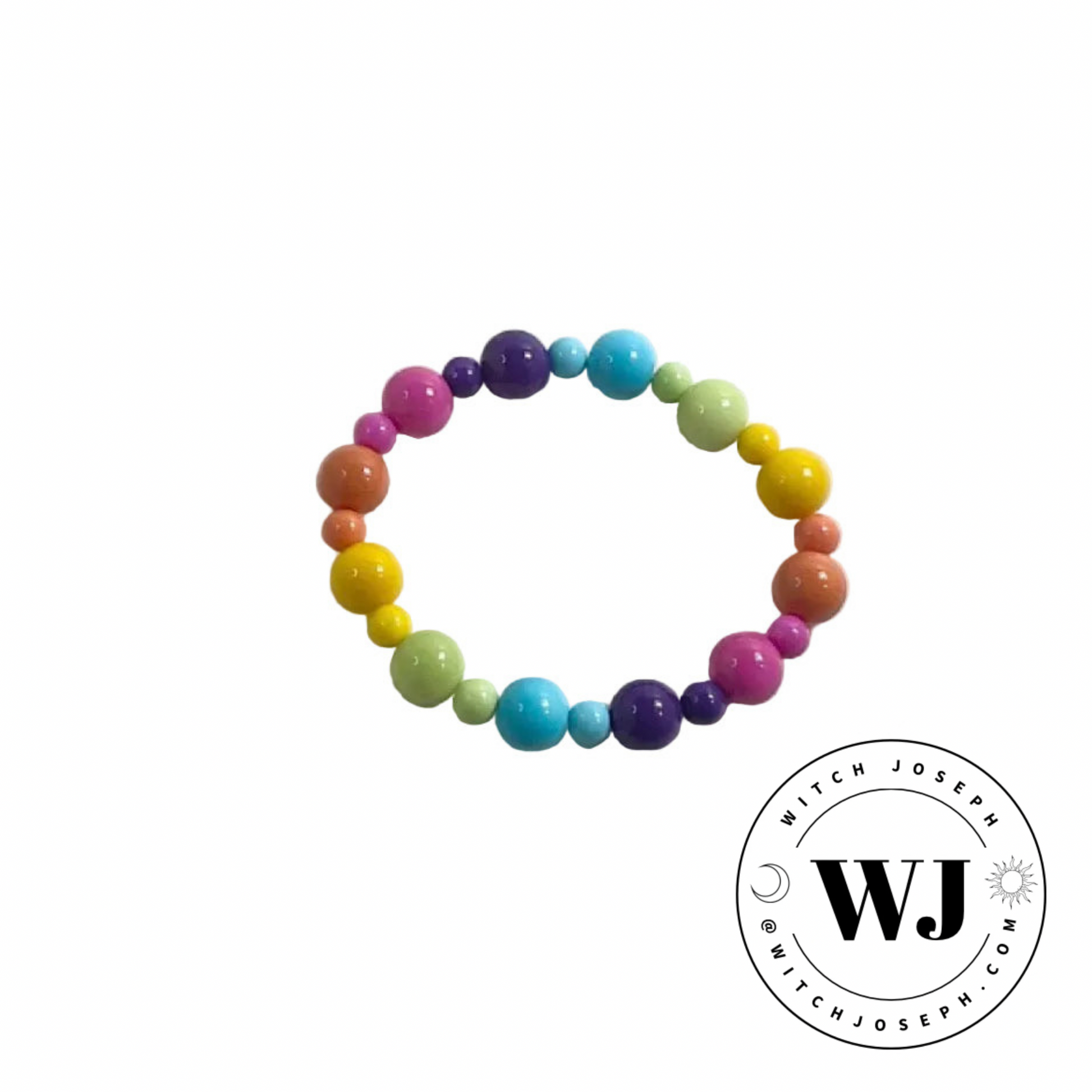Colorful pastel pride beaded stretch bracelet displayed on a white background with WJ logo