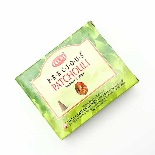 Box of HEM Precious Patchouli incense cones on a white background