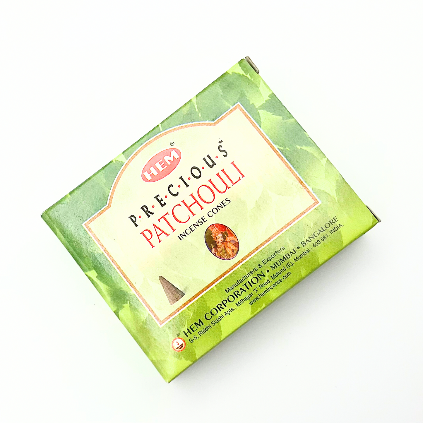 Box of HEM Precious Patchouli incense cones on a white background