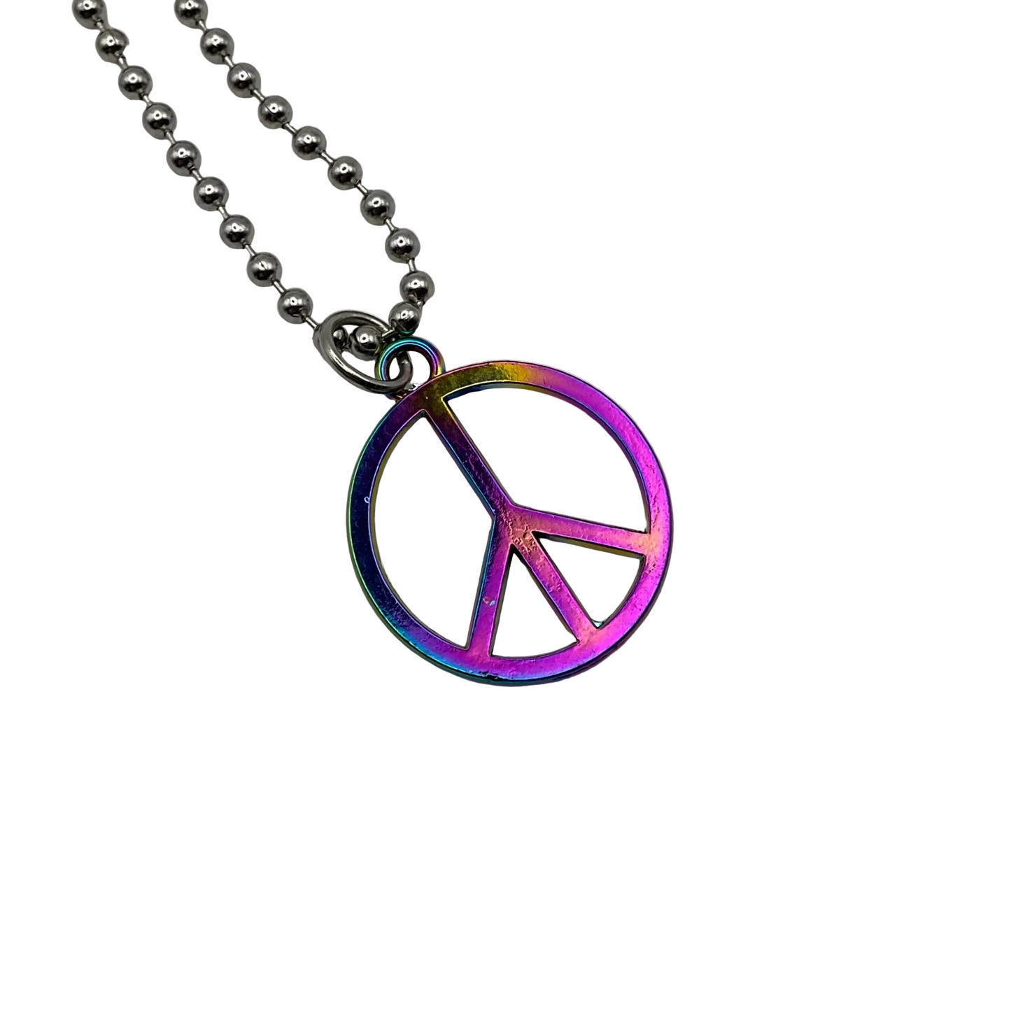 Iridescent peace symbol pendant on a silver tone ball chain against a white background