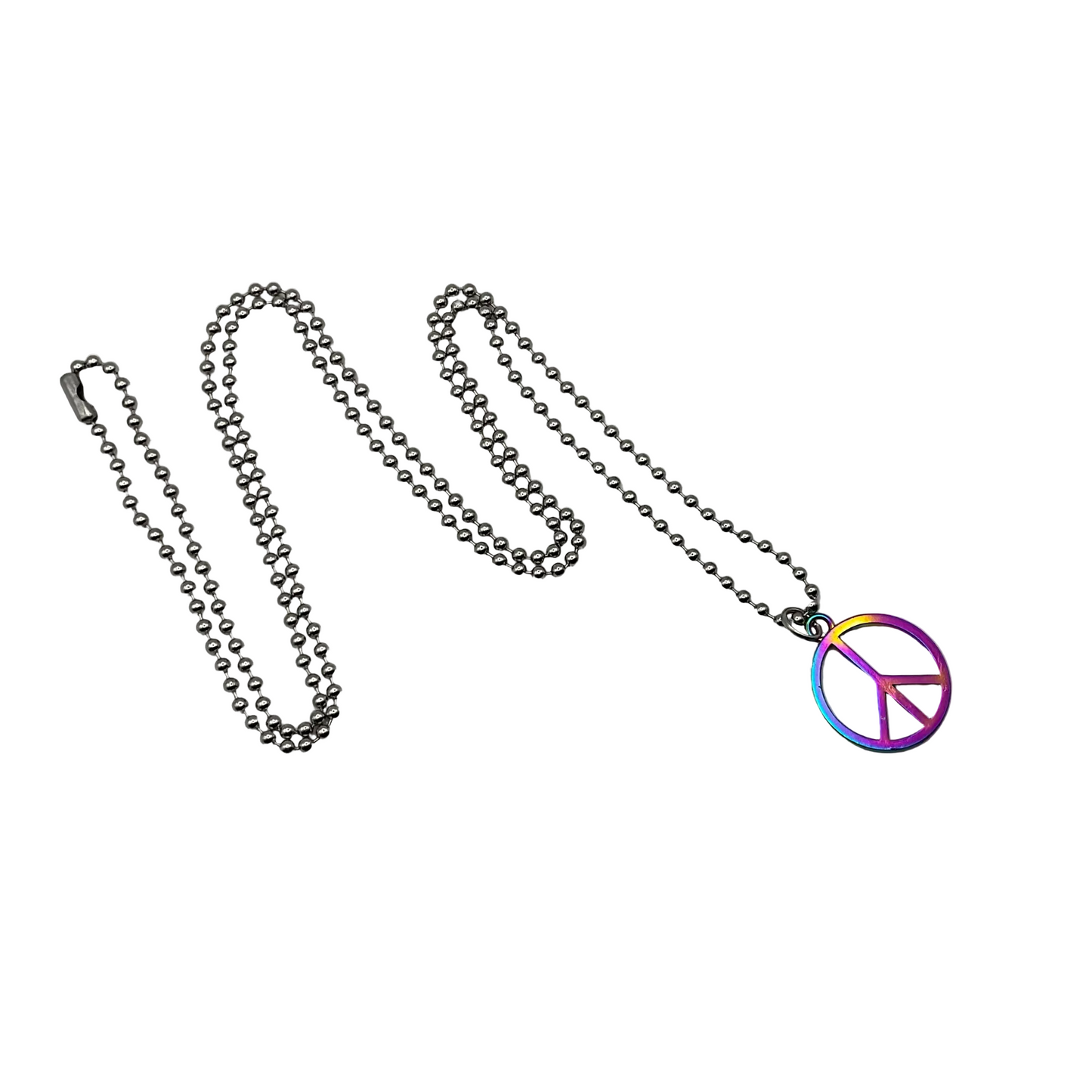 Ball Chain charm Necklace with a colorful peace sign pendant on a white background