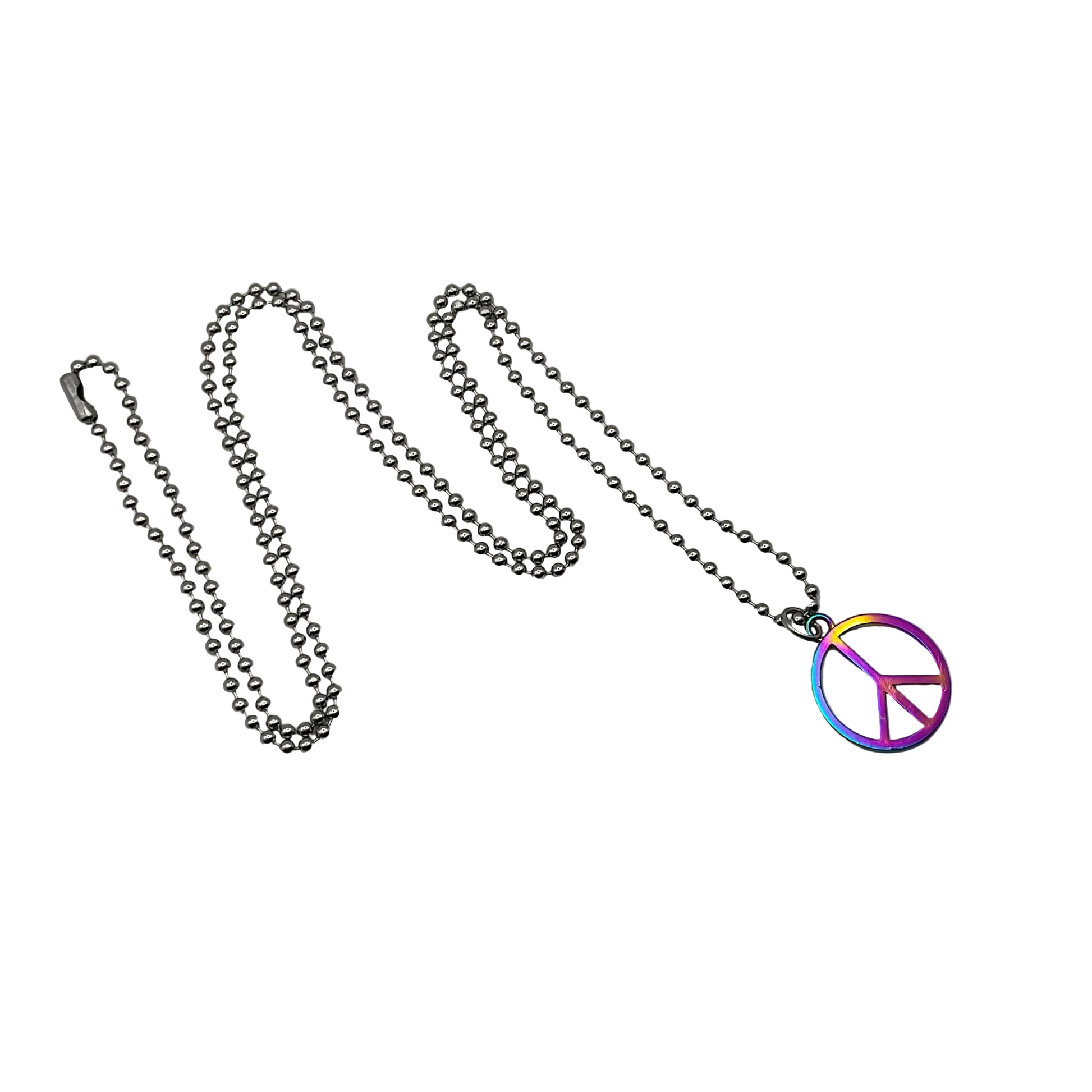 Ball Chain charm Necklace with a colorful peace sign pendant on a white background