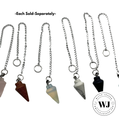 Six pendulums on chains with 'Witch Justice' logo in the corner…and text that says “each sold separately”