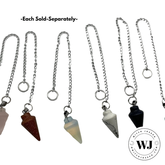 Six pendulums on chains with 'Witch Justice' logo in the corner…and text that says “each sold separately”