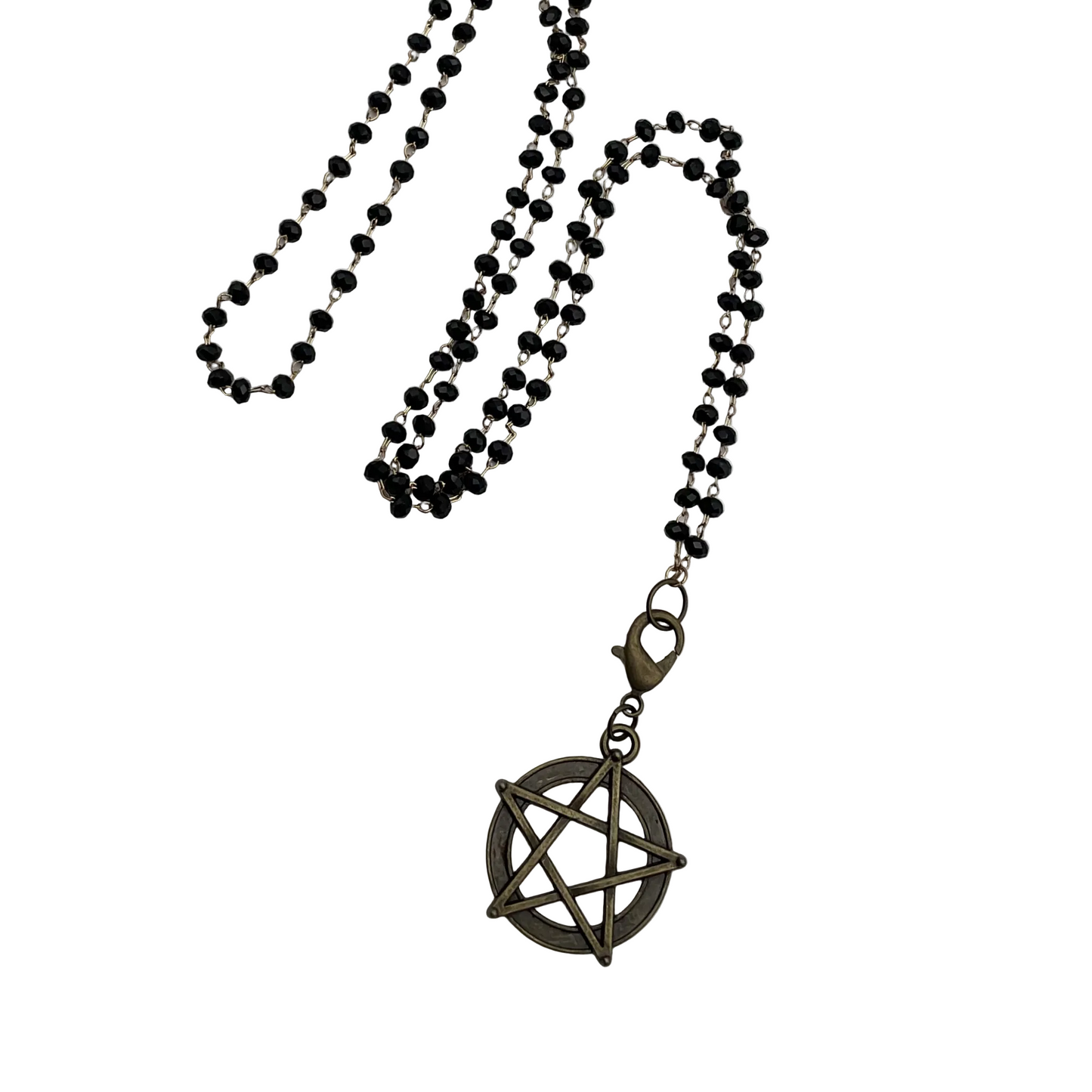 Necklace with black sparkle beads and a pentagram pendant on a white background