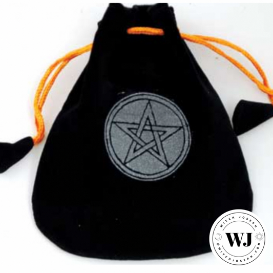 Black drawstring bag with a pentagram symbol displayed on a white background, featuring the brand 'Witch Joseph’