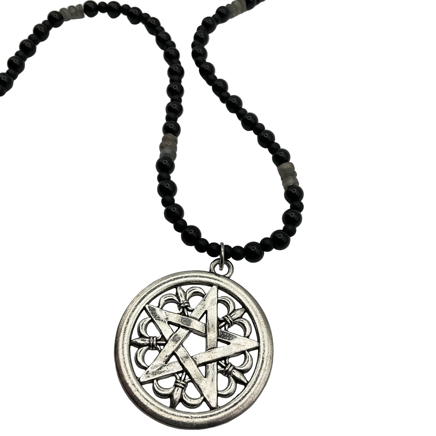 Pentacle with Fleur de lis design Necklace with black beads and labradorite chip accents displayed on a white background