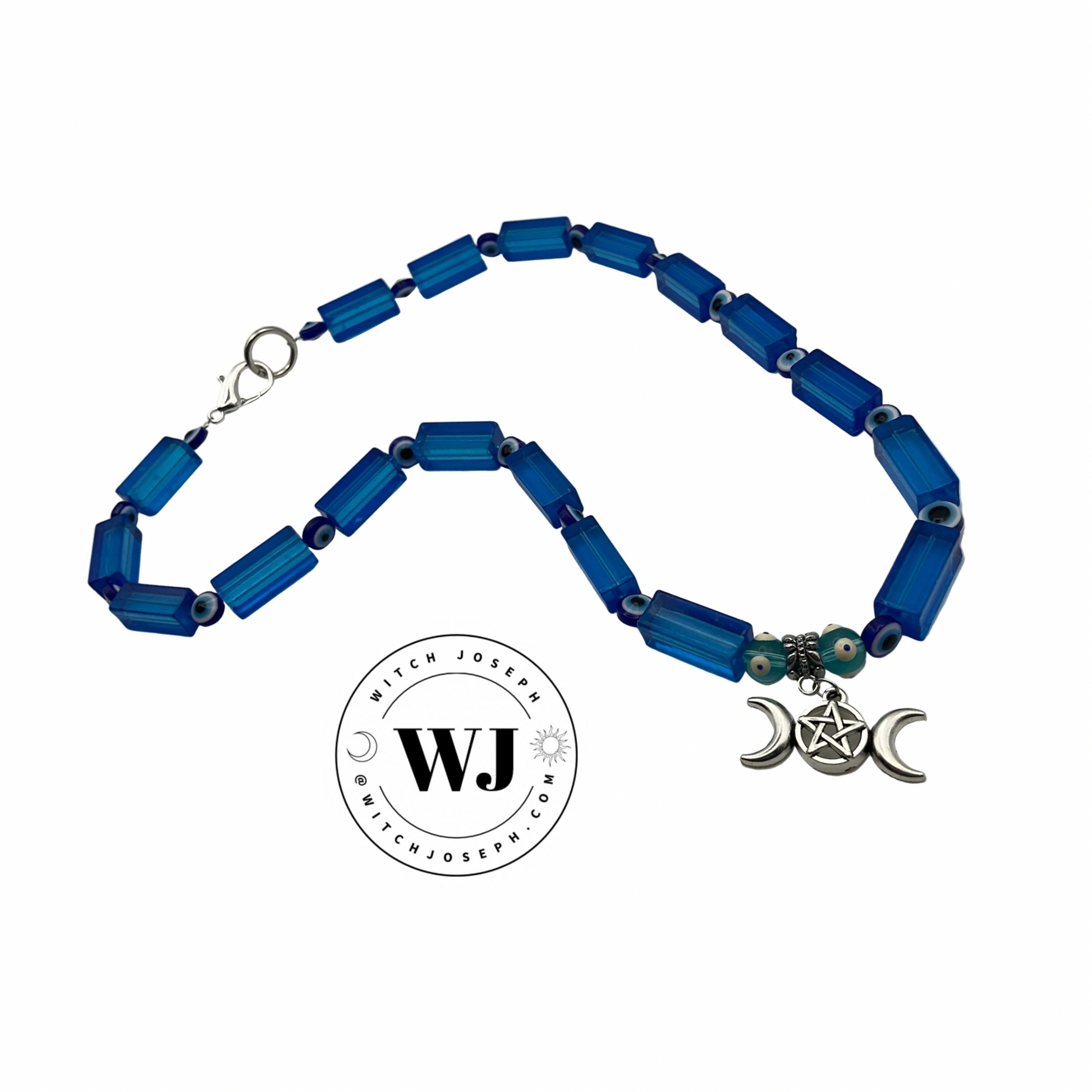 Blue beaded necklace with a silver triple Goddess pendant on a white background, featuring the brand 'Witch Joseph'.