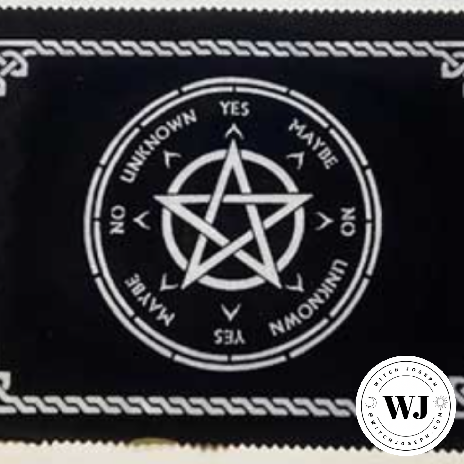 Black cloth with a pentagram design and text for pendulum divination, featuring the brand 'WJ'.