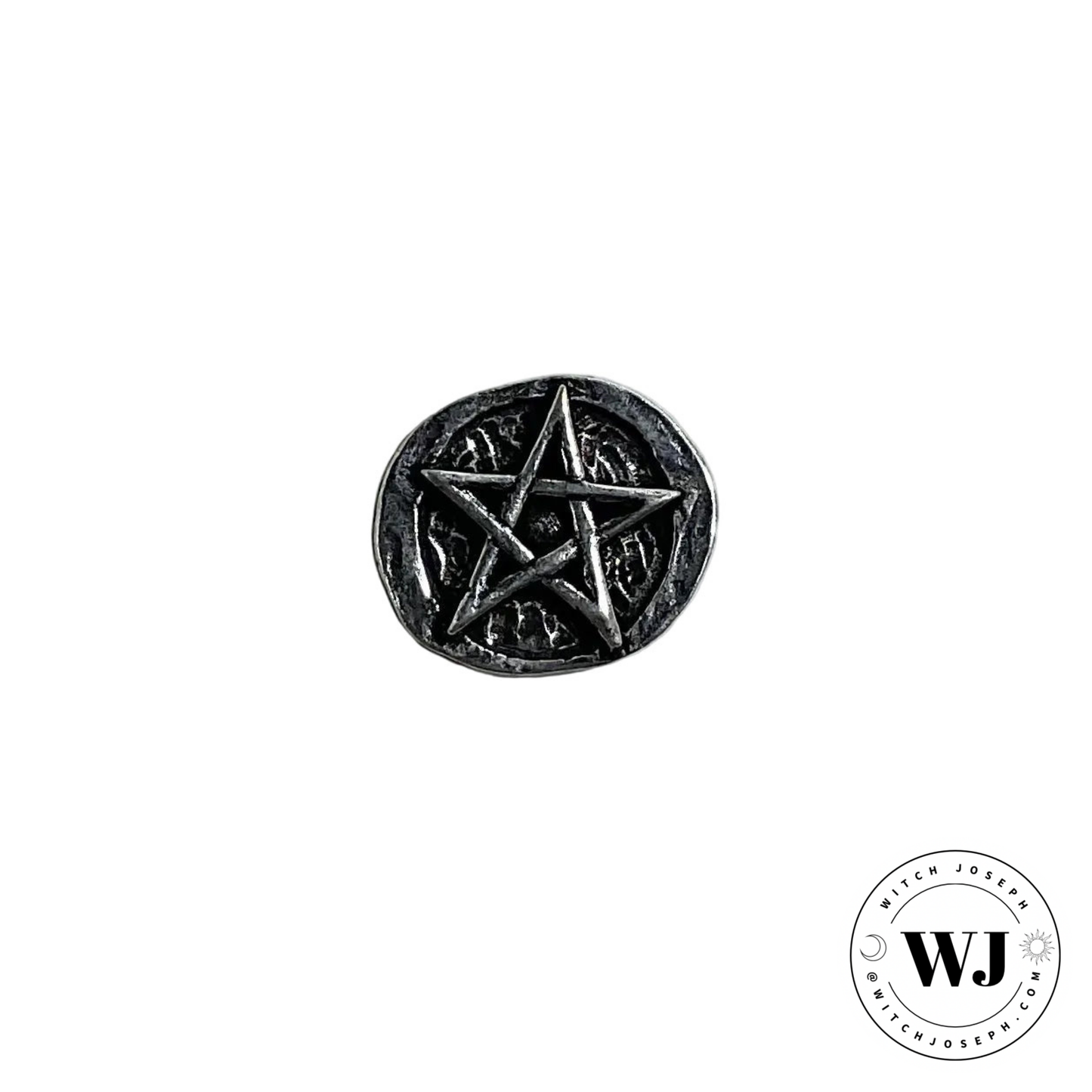 Metallic pentagram charm for carrying in pocket or purse displayed on a white background with 'WJ' logo.