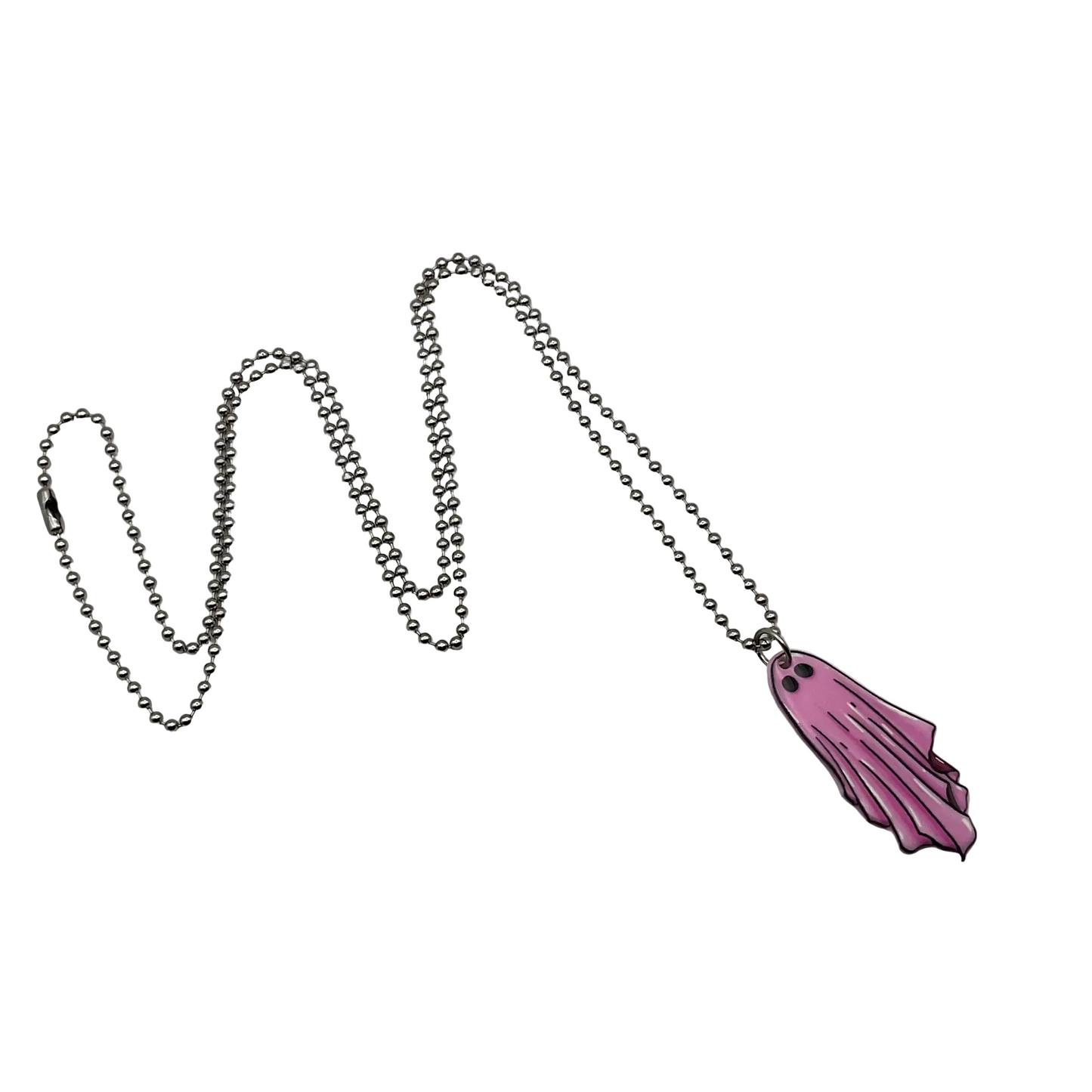 Pink Ghost pendant on a silver tone metal ball chain against a light white background