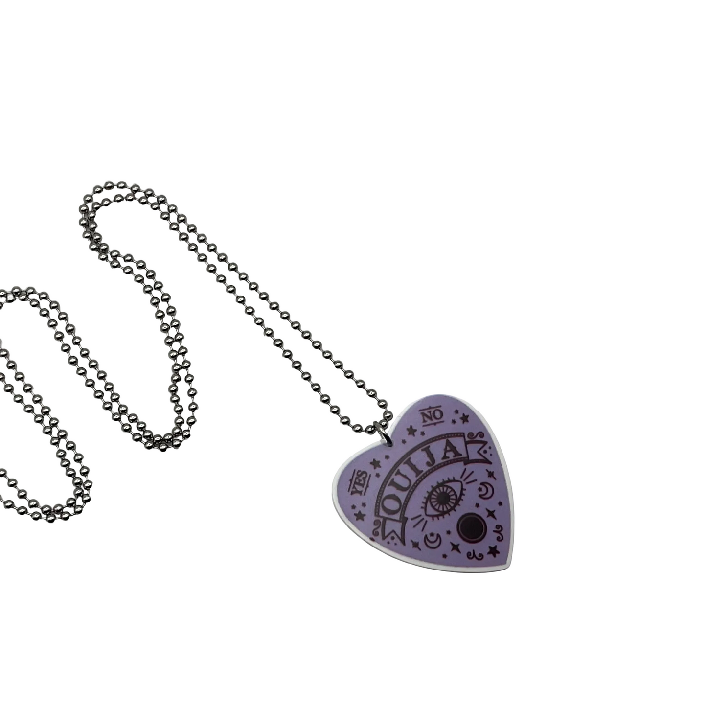 Purple acrylic Planchette Charm necklace on a silver tone ball chain against a white background