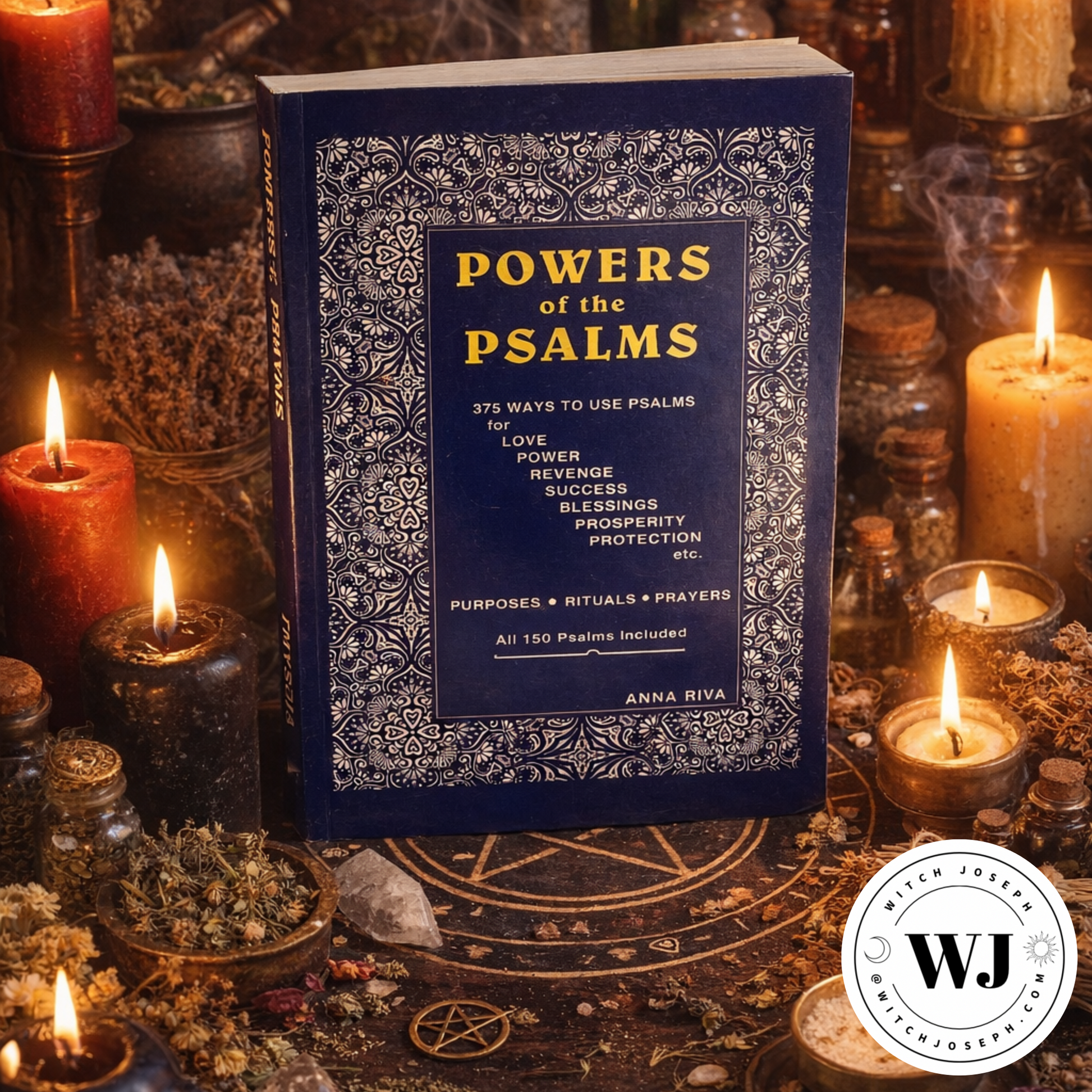Book titled 'Powers of the Psalms' by Anna RIva displayed on an altar surrounded by candles and herbs on a mystical background