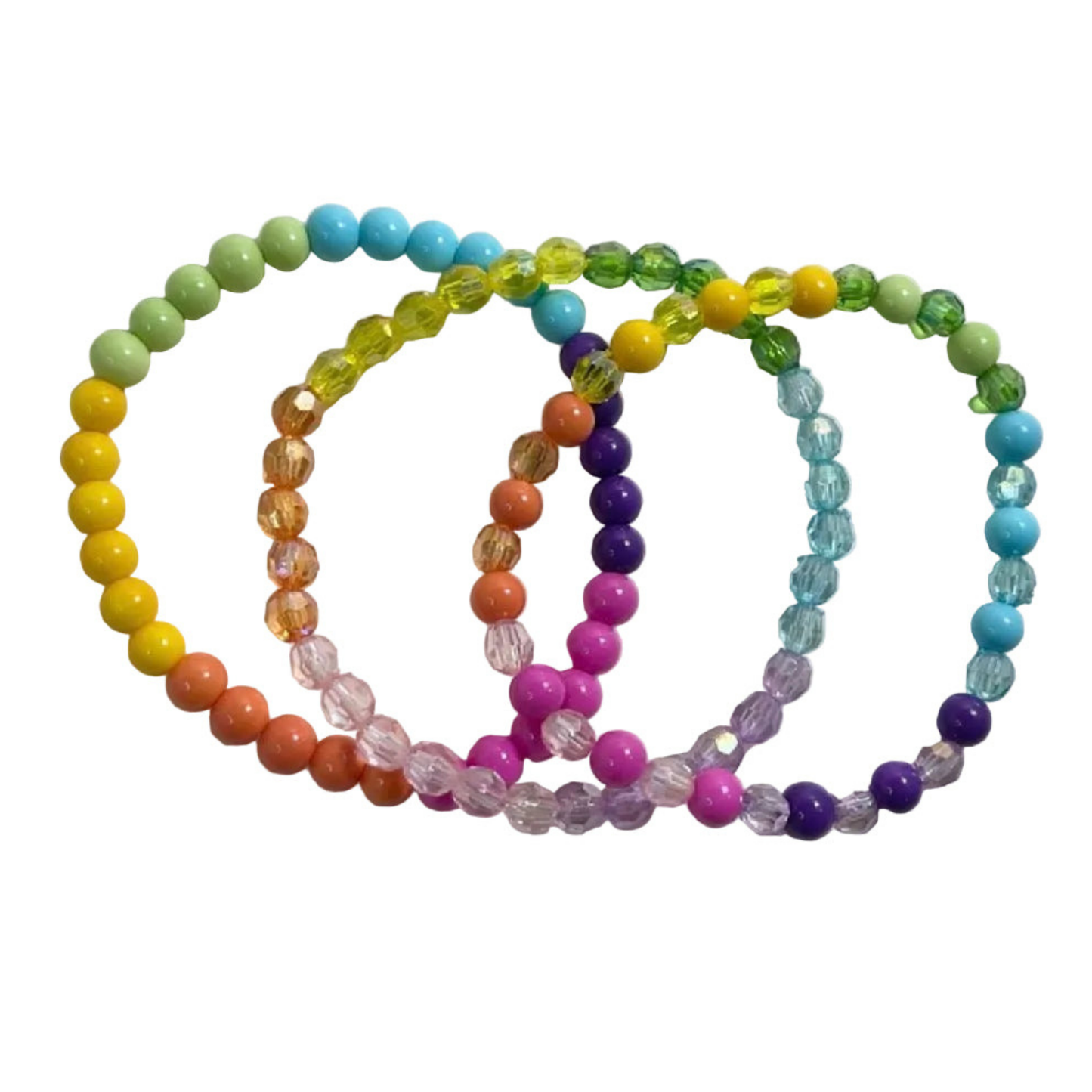 Set of pastel colorful beaded bracelets on a white background
