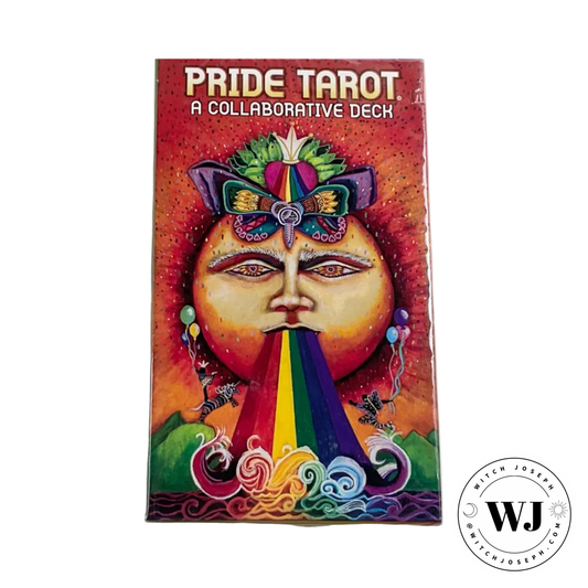 Pride Tarot card deck with a colorful design and rainbow elements on a white background.