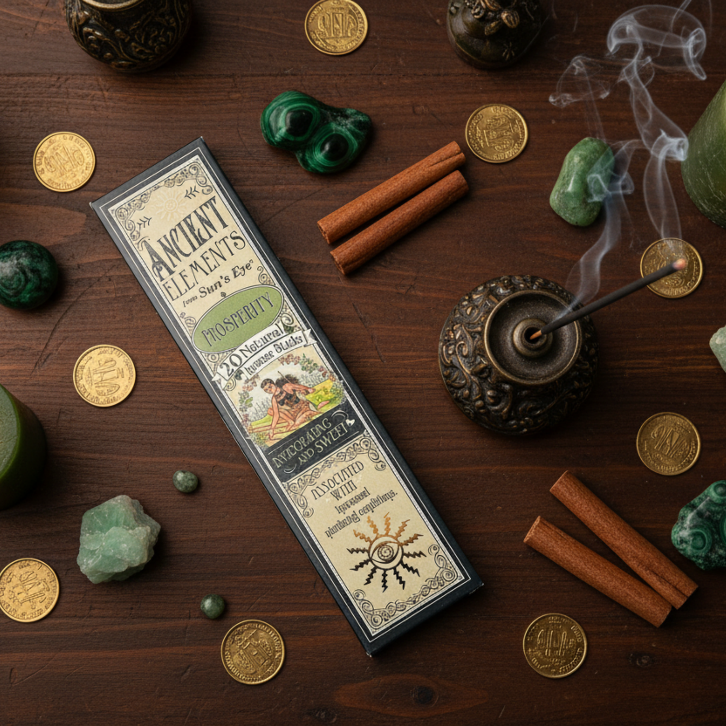 A picture of the Suns Eye Ancient Elements prosperity stick incense with one stick lit on a Witch altar with green candles and herbs.