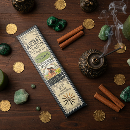 A picture of the Suns Eye Ancient Elements prosperity stick incense with one stick lit on a Witch altar with green candles and herbs.