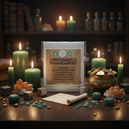 The Witch Joseph Prosperity Spell Kit displaced on a Witch altar with green crystals and candles and gold coins.