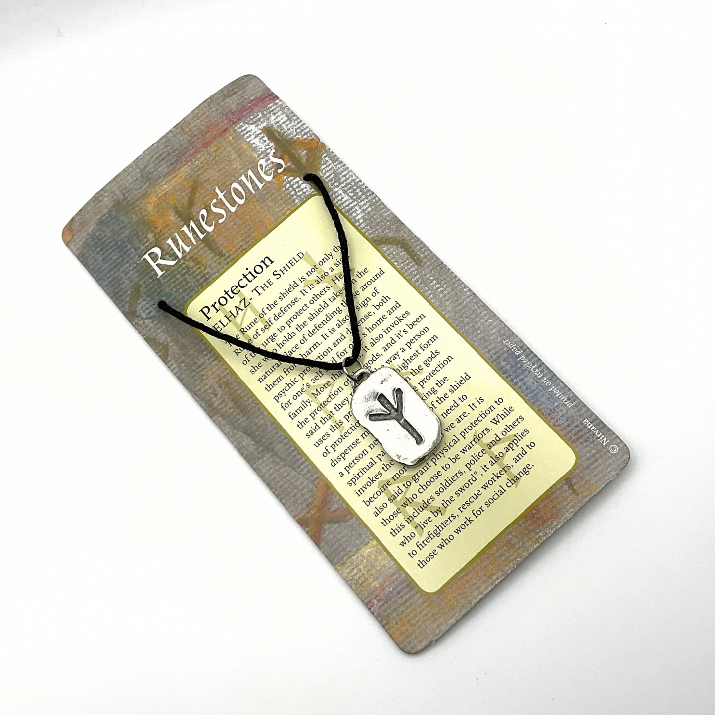 Protection algiz Runestone necklace on a decorative card with text against a white background 