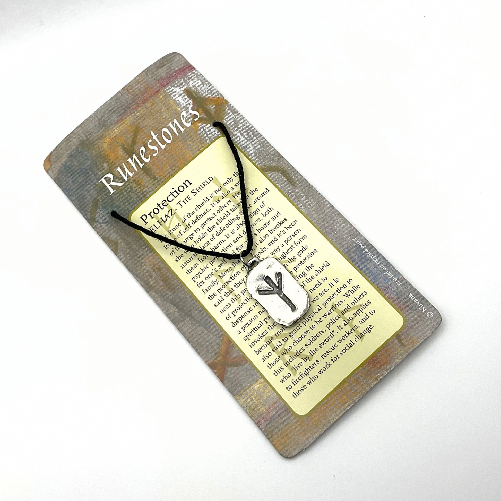 Protection algiz Runestone necklace on a decorative card with text against a white background 