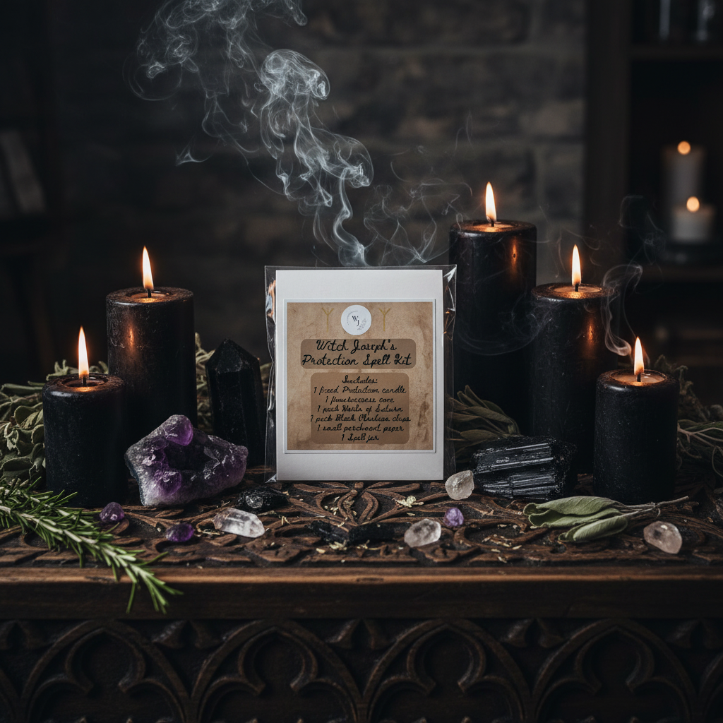 The Witch Joseph Protection Spell Kit shown on a witch altar surrounded by black candles and protection herbs and stones.