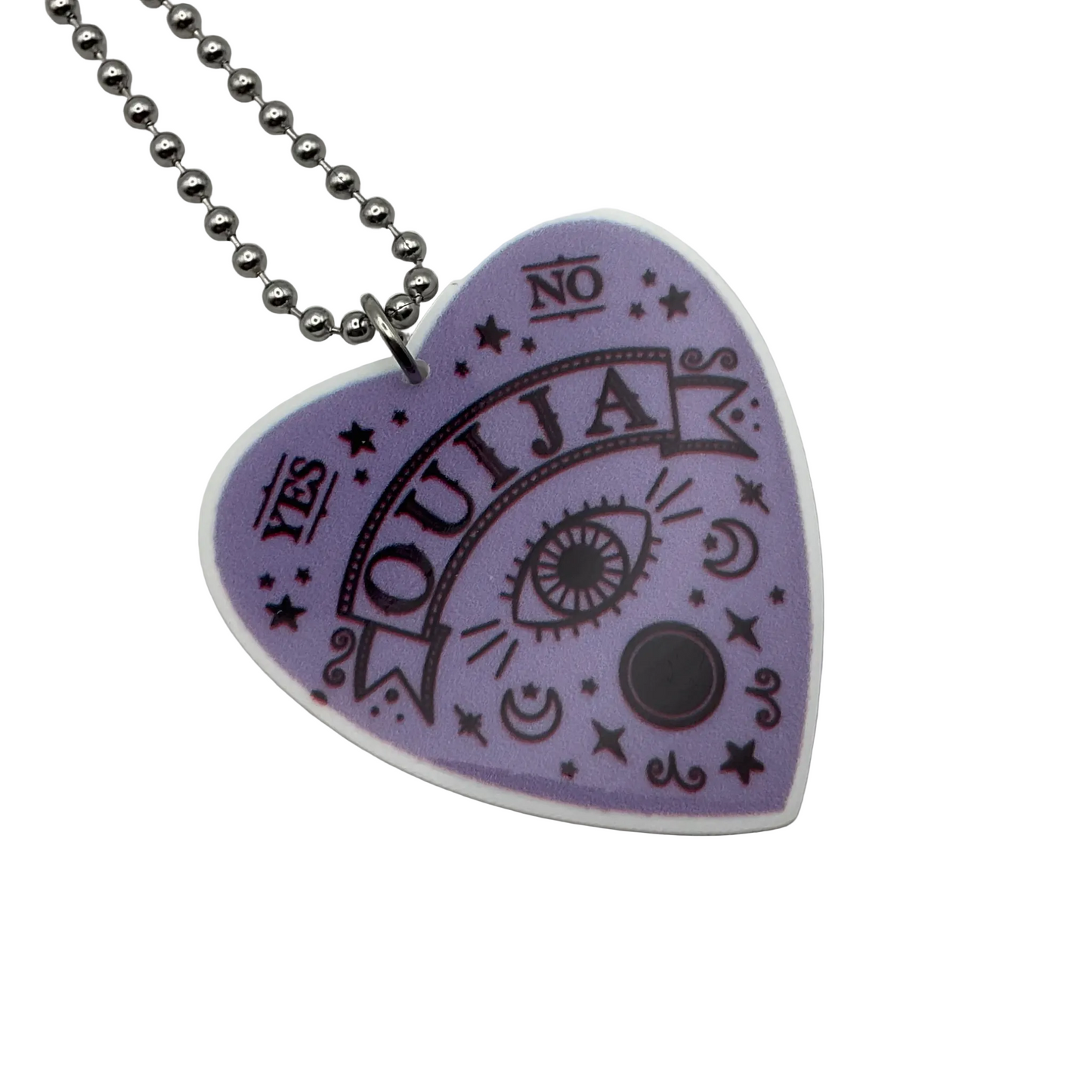 Heart-shaped Ouija board planchette pendant in purple on a silver tone ball chain against a white background