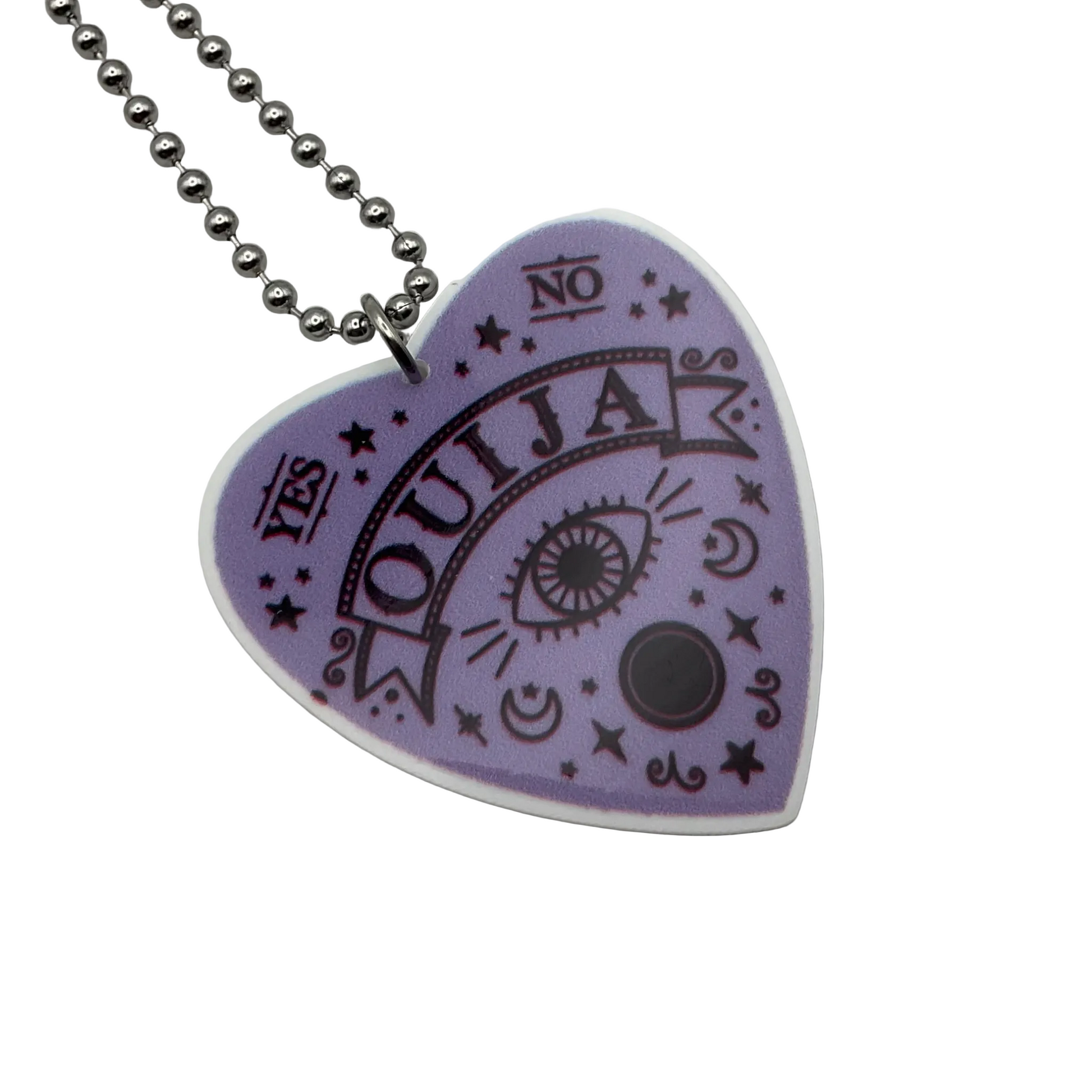 Heart-shaped Ouija board planchette pendant in purple on a silver tone ball chain against a white background