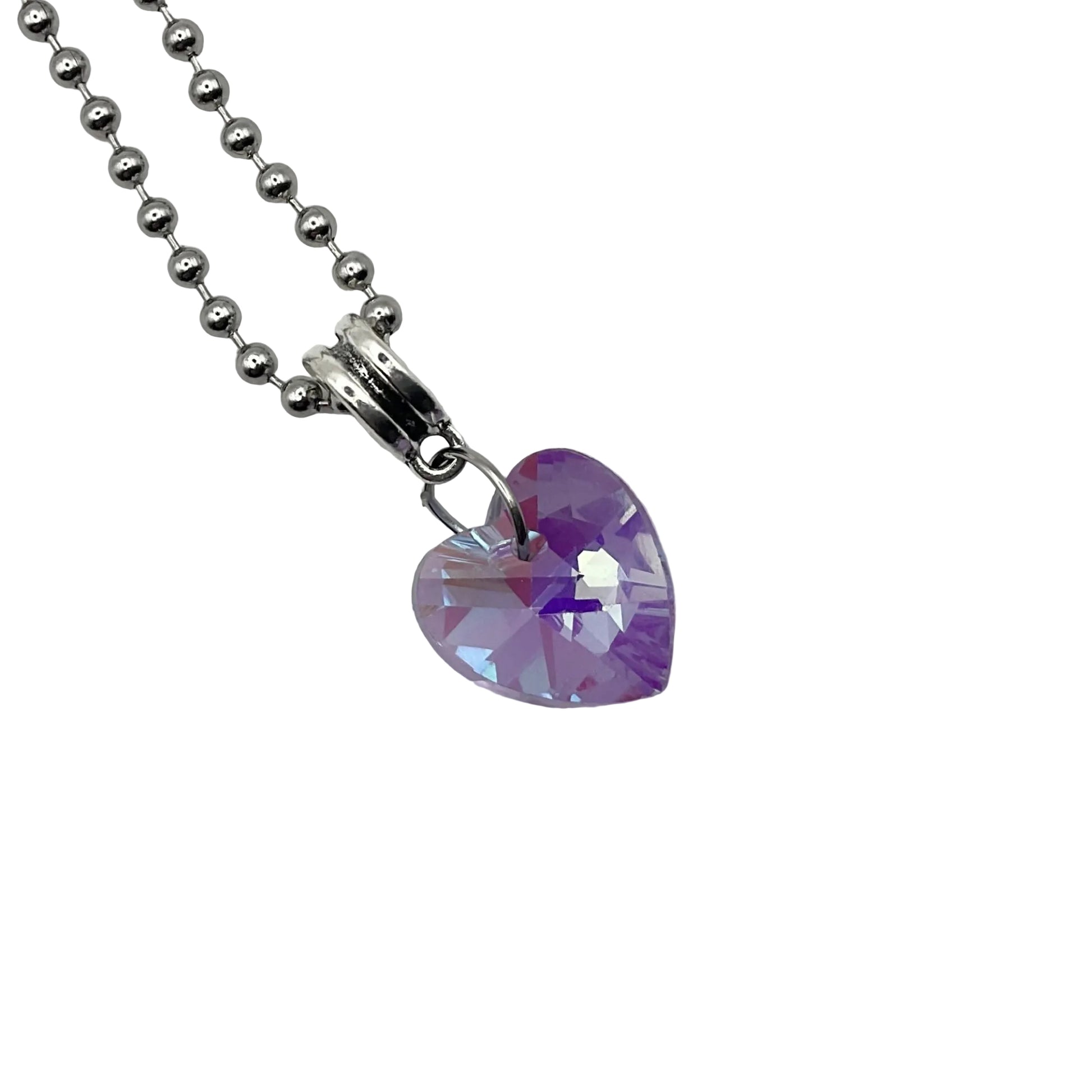 Ball chain Charm Necklace with a sparkling purple tint heart-shaped pendant on a white background