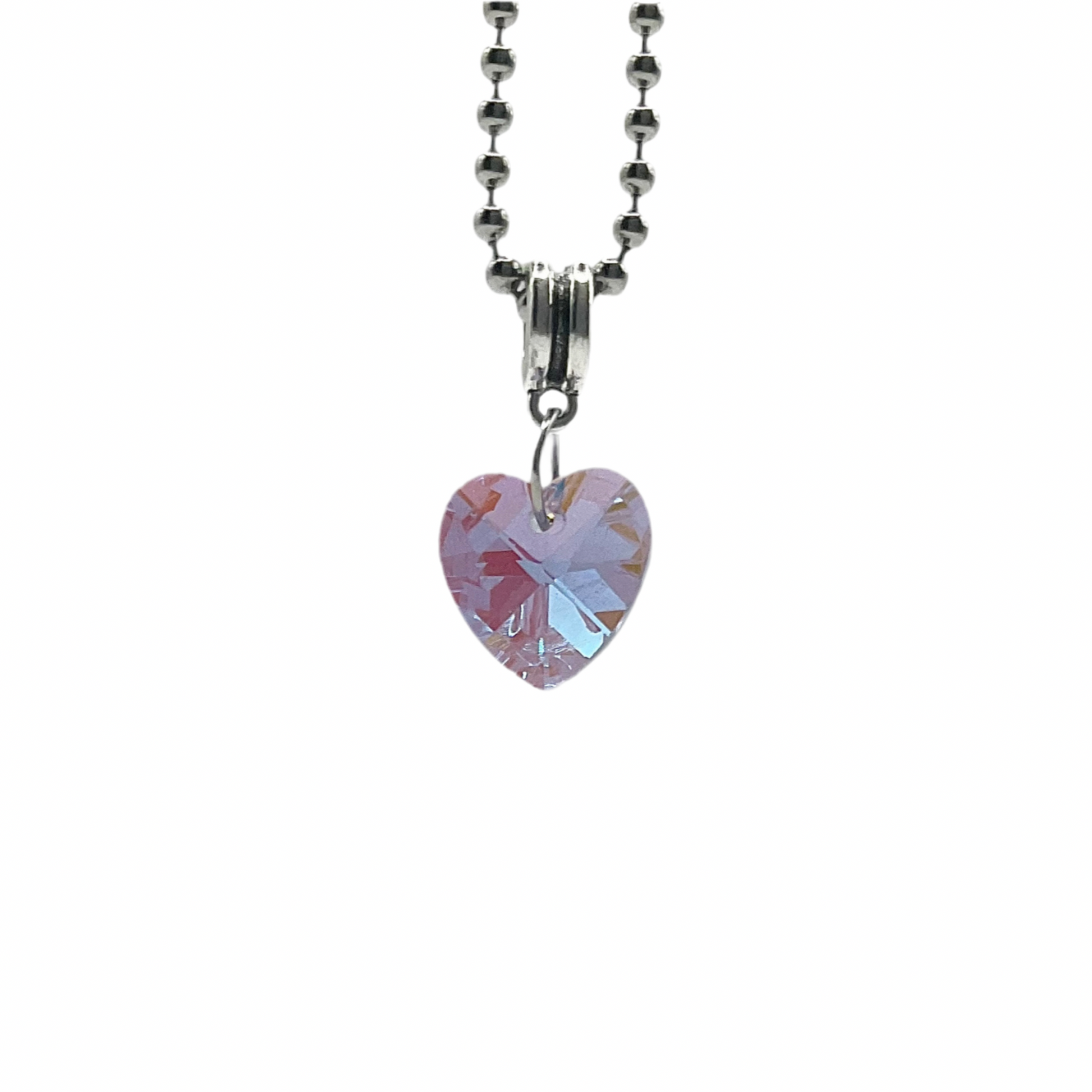 Heart-shaped purple tinted sparkling crystal pendant on a metal ball chain chain against a white background