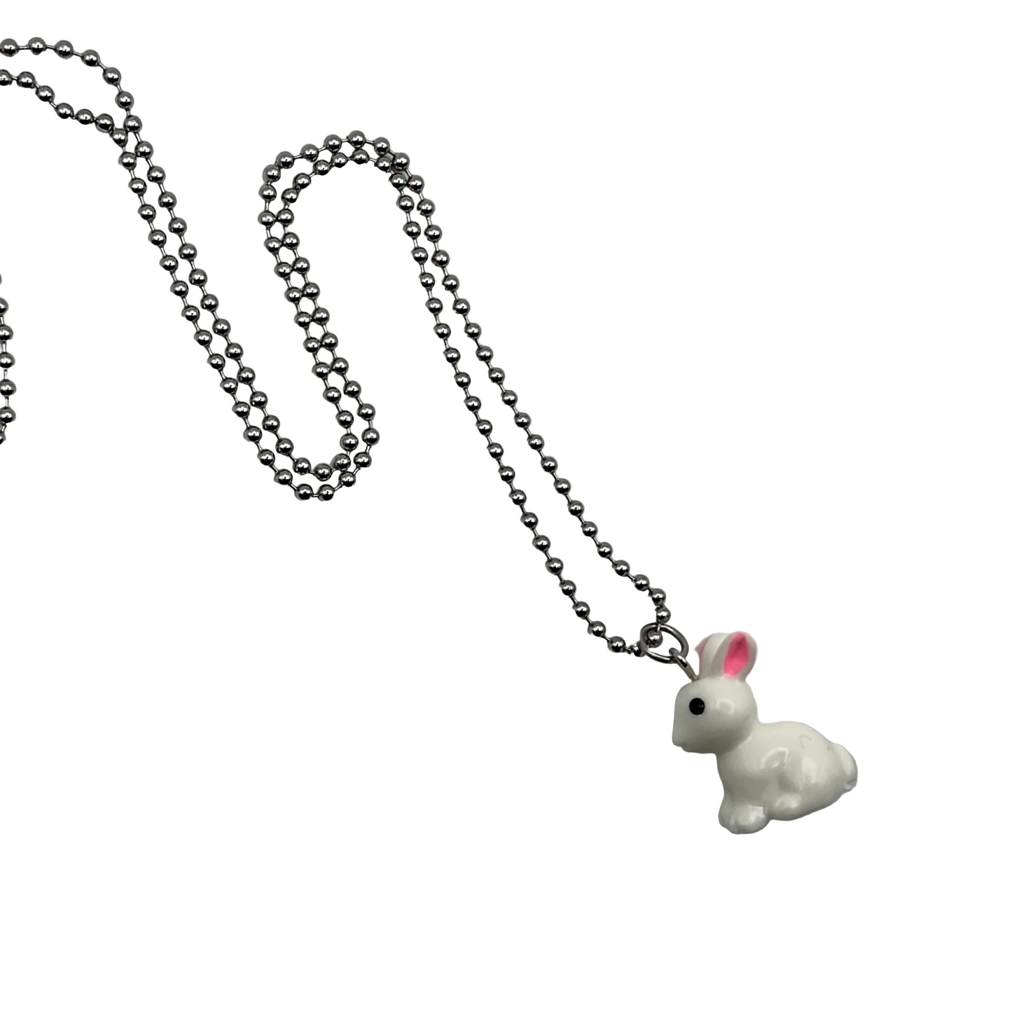 Ball Chain Charm Necklace with a white bunny pendant on a white background