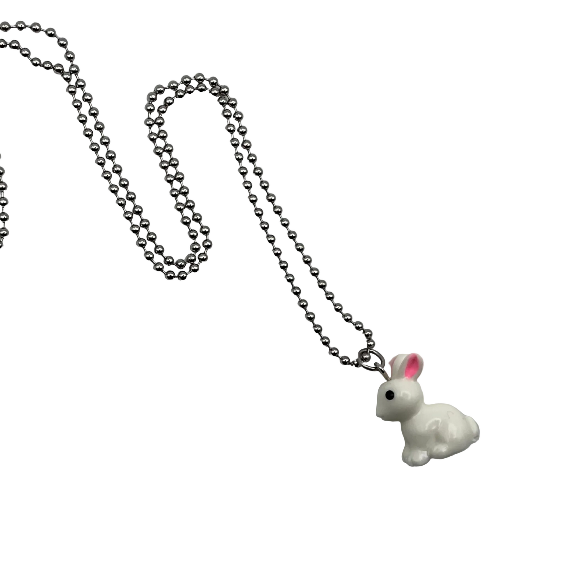Ball Chain Charm Necklace with a white bunny pendant on a white background