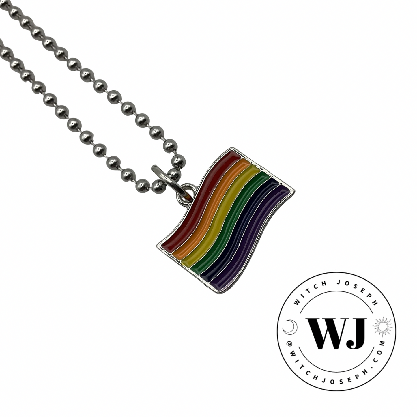 Rainbow flag pendant on a ball chain displayed on a white background with 'Witch Joseph' logo