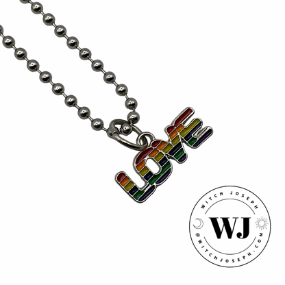 Ball chain Necklace with a rainbow 'LOVE' pendant displayed on a white background, featuring the Witch Joseph logo