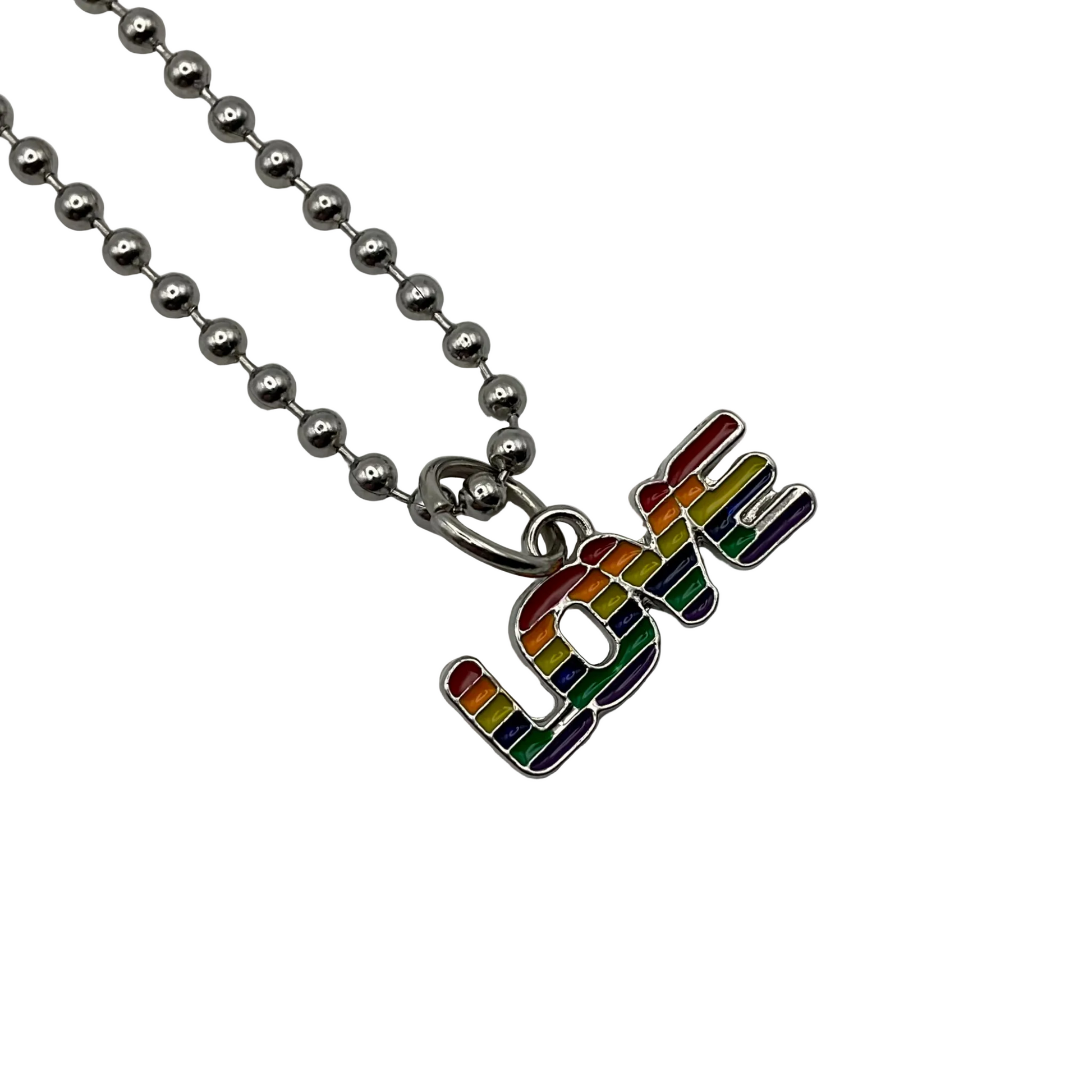 Charm Necklace with a rainbow 'LOVE' pendant on a white background