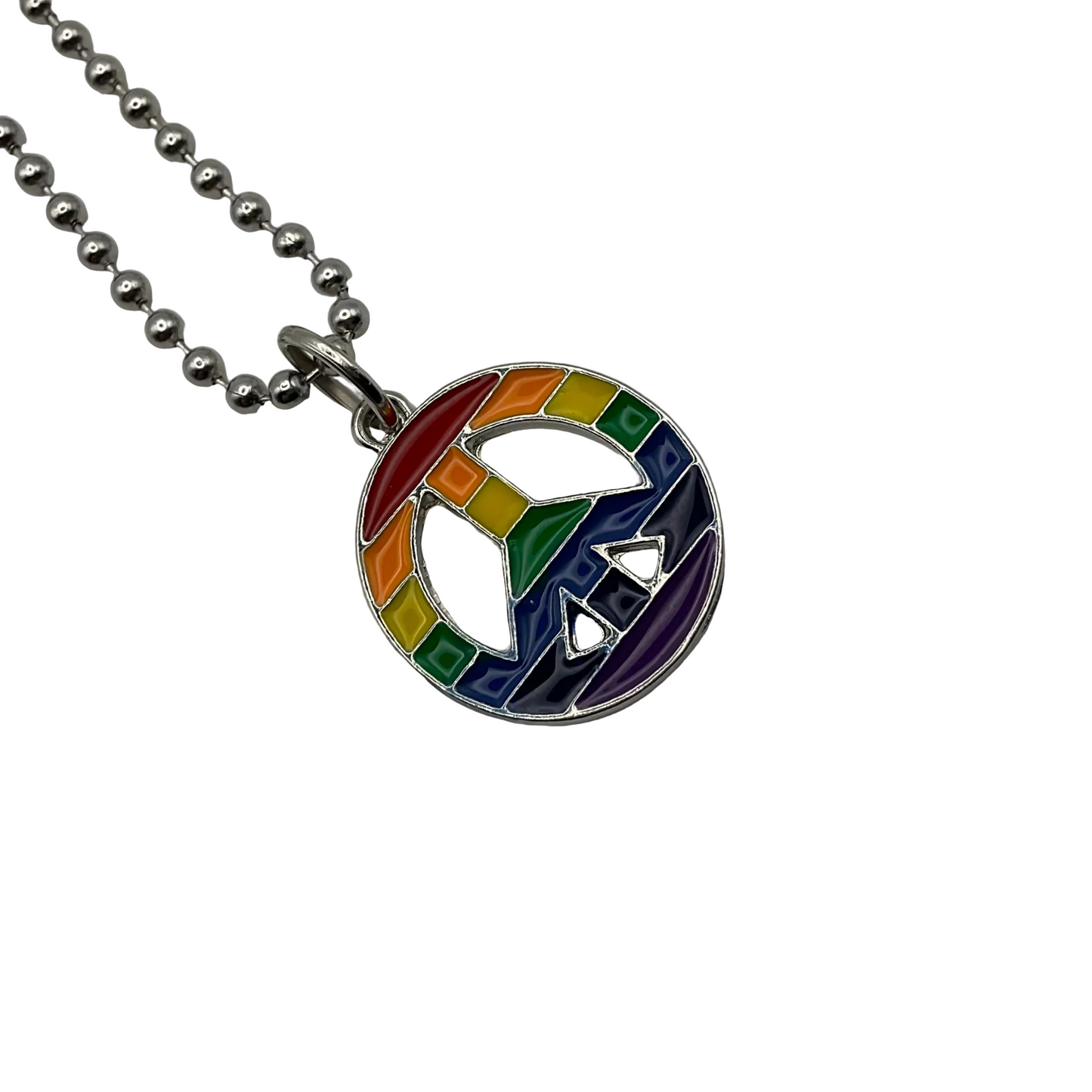 Colorful Rainbow Peace sign charm pendant on a ball chain against a white background