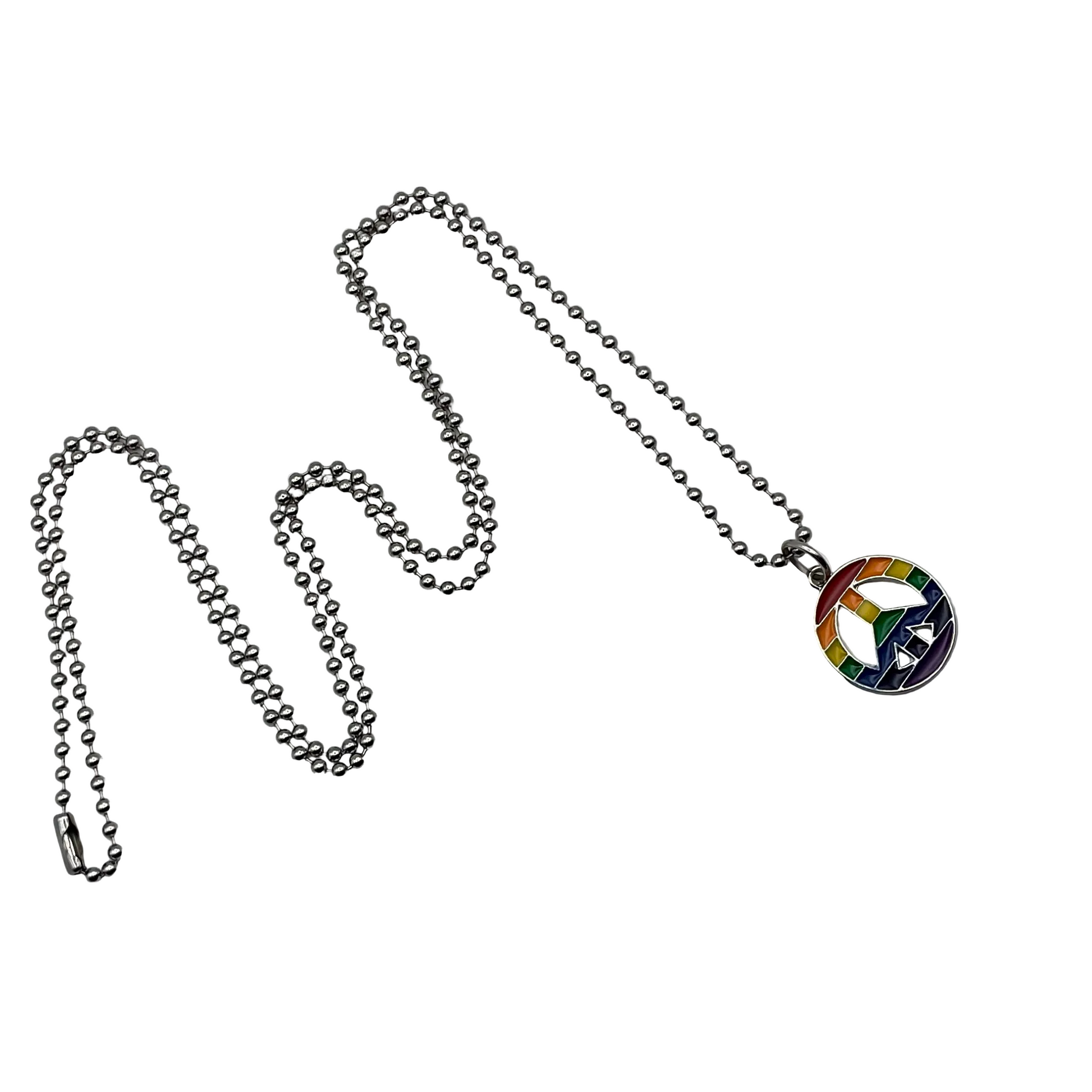 Metallic rainbow peace sign necklace on a ball chain against a white background